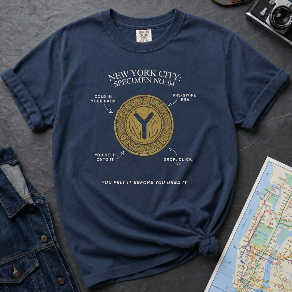 Navy t-shirt with New York City token design on a gray surface with a map and camera.