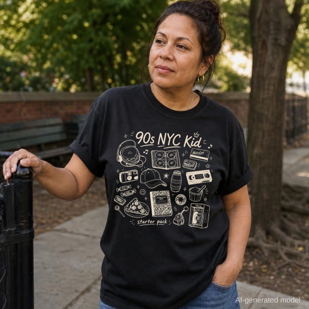 Woman wearing a black Comfort Colors t-shirt with '90s NYC Kid' graphic design while outdoors.
