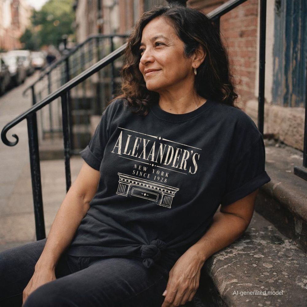 A woman sitting on outdoor stone steps in front of a brick building, wearing a black graphic T-shirt with white text reading 'ALEXANDER'S, NEW YORK, SINCE 1928'.