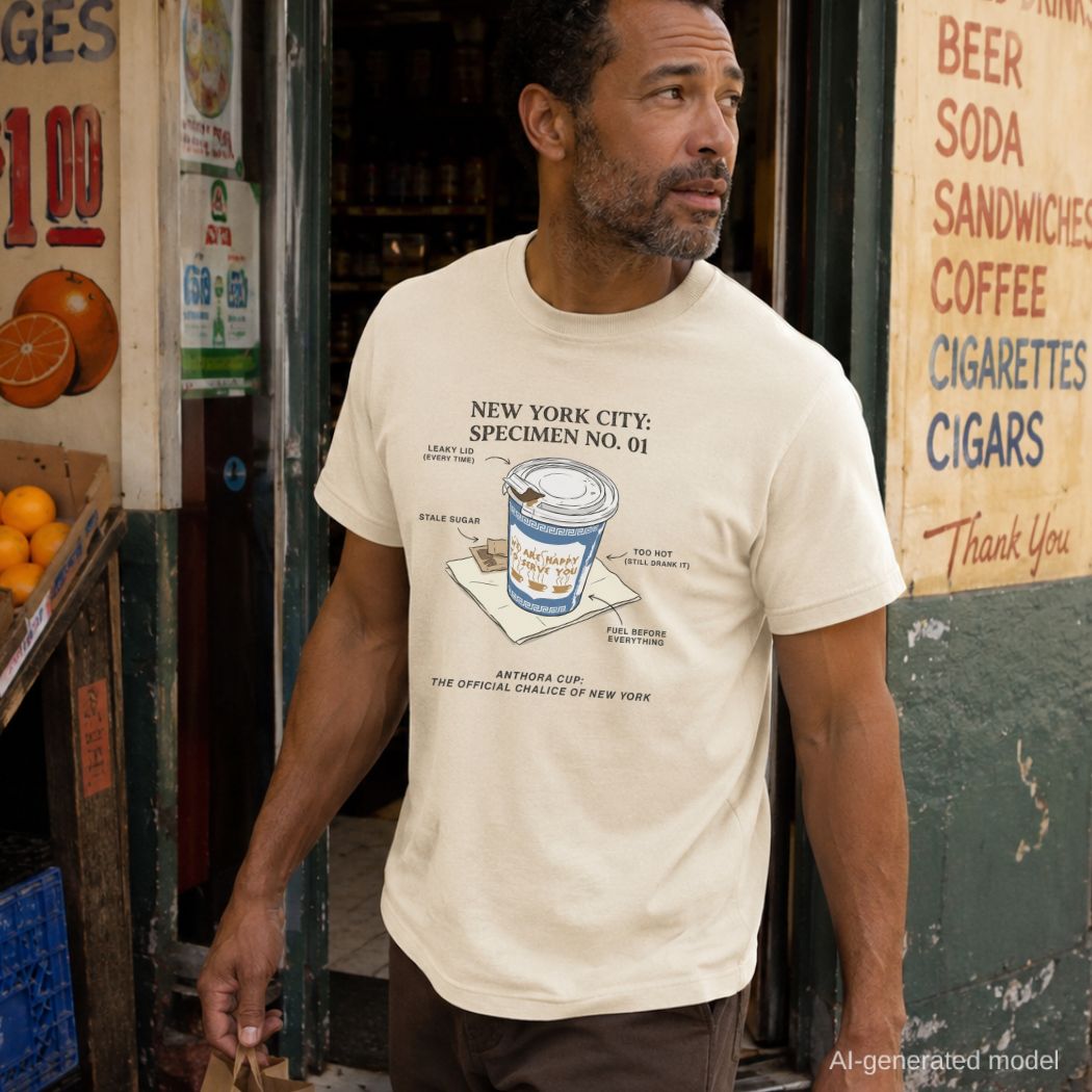 Man wearing an Ivory Comfort Colors t-shirt with a New York City-themed design, standing in front of a store entrance.