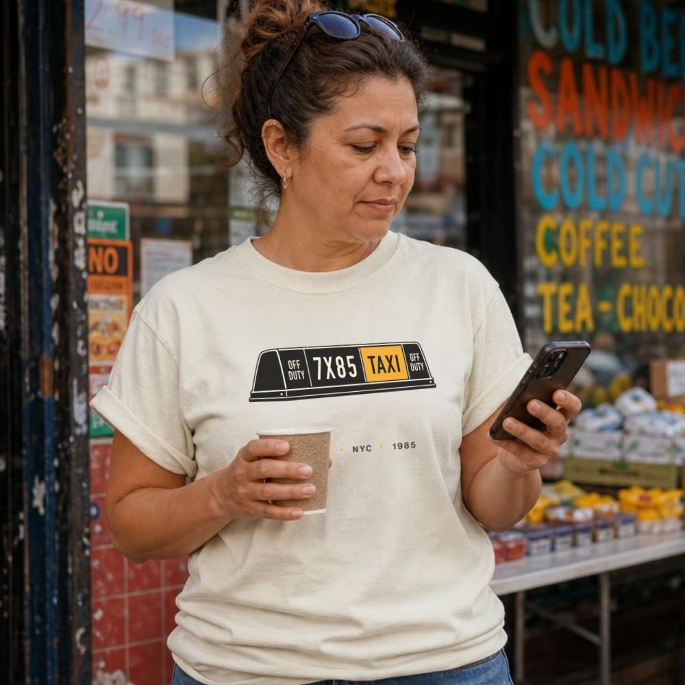 Woman wearing an Ivory Comfort Colors t-shirt with a NYC taxi design, holding a cup and phone, standing in front of a store.