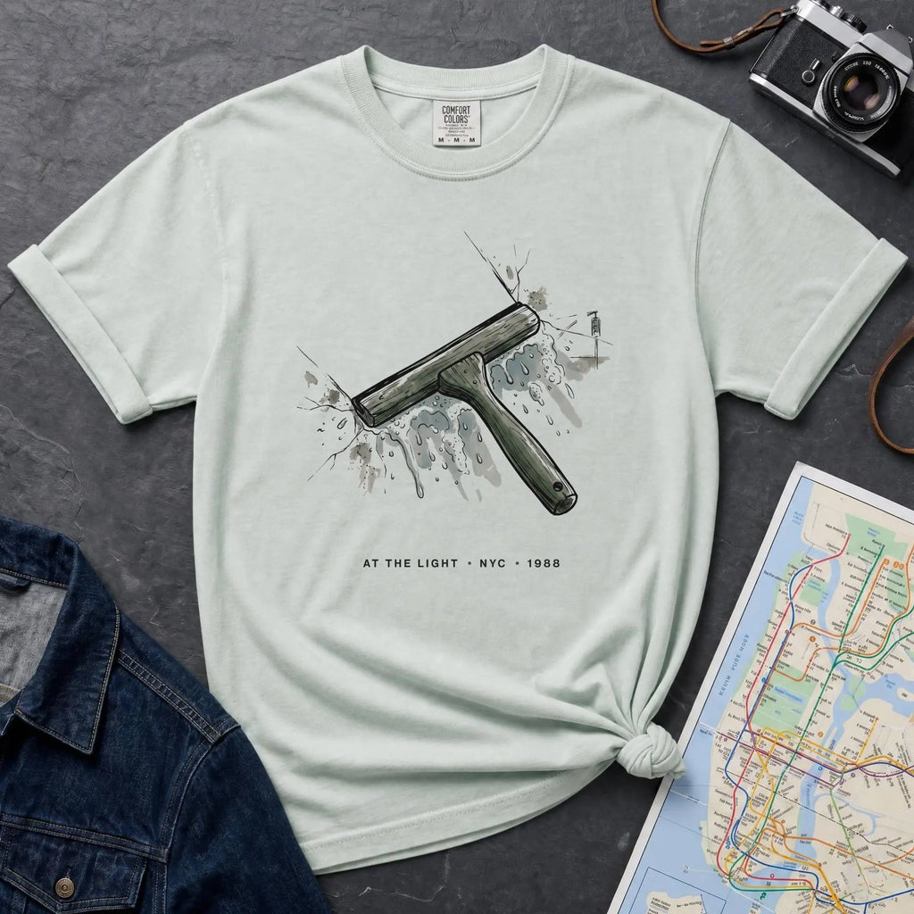 Bay colored Comfort Colors t-shirt featuring a vintage windshield squeegee graphic with “At the Light • NYC • 1988” text.