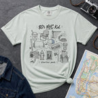 Bay colored Comfort Colors t-shirt featuring an 80’s NYC Kid Starter Pack graphic with hand-drawn New York City icons including Italian ice, a radio, stoop steps, stickball, a fire hydrant, and a pigeon.