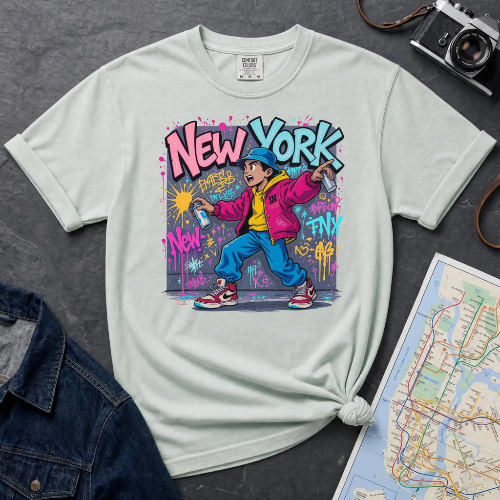 Bay colored Comfort Colors t-shirt featuring a colorful NYC graffiti-style New York graphic with a young street artist holding a spray paint can