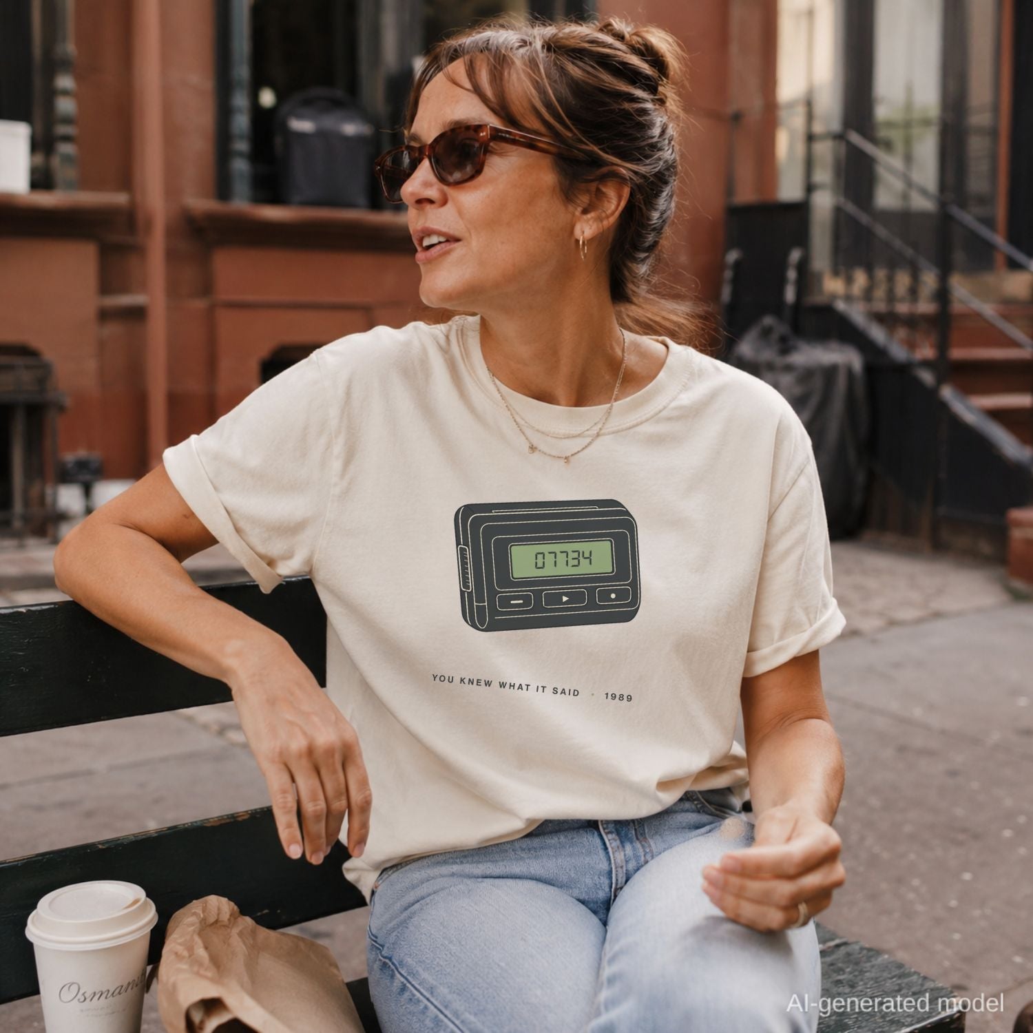 Woman wearing a Ivory Comfort Colors t-shirt featuring a retro pager graphic with “07734” on the screen and “You knew what it said • 1989” text, sitting outdoors.