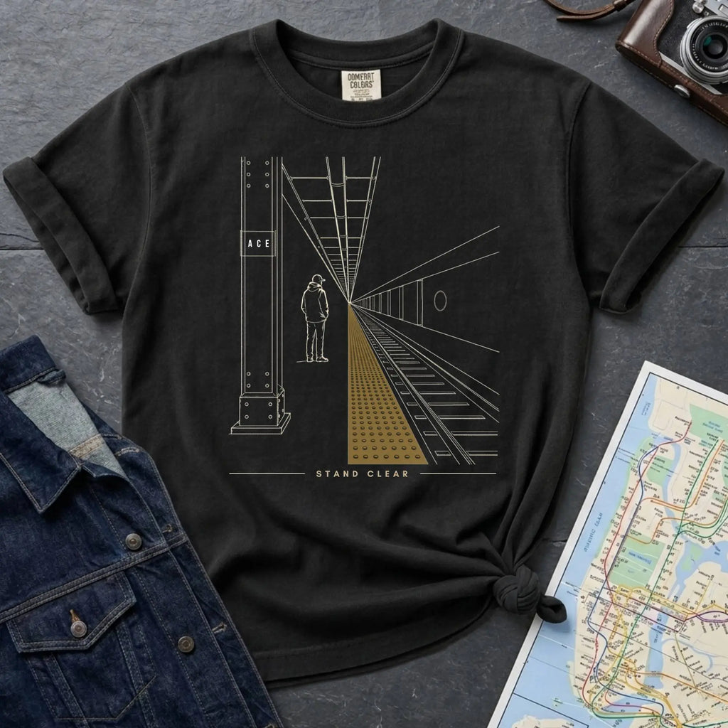 Black Comfort Colors t-shirt featuring a minimalist NYC subway platform graphic with a lone figure, train tracks, and “Stand Clear” text.