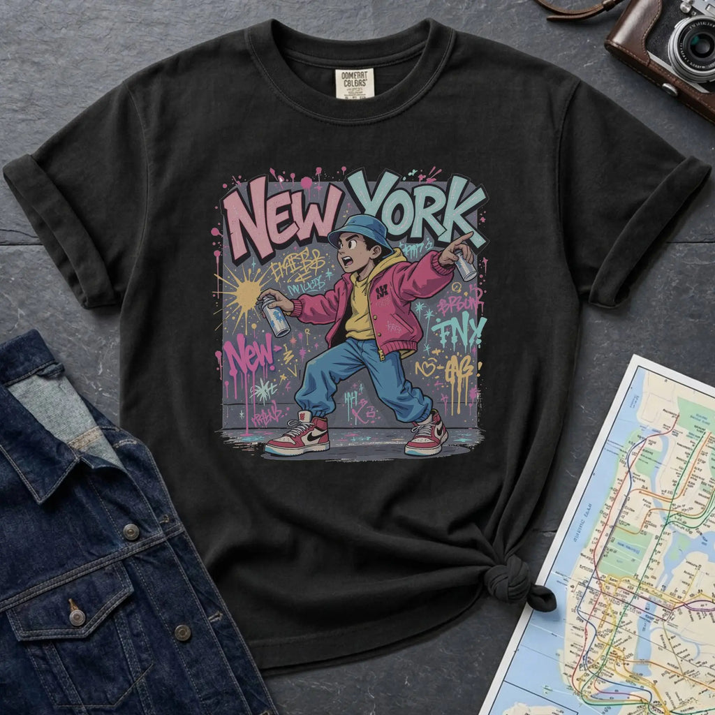 Black Comfort Colors t-shirt featuring a colorful NYC graffiti-style New York graphic with a young street artist holding a spray paint can