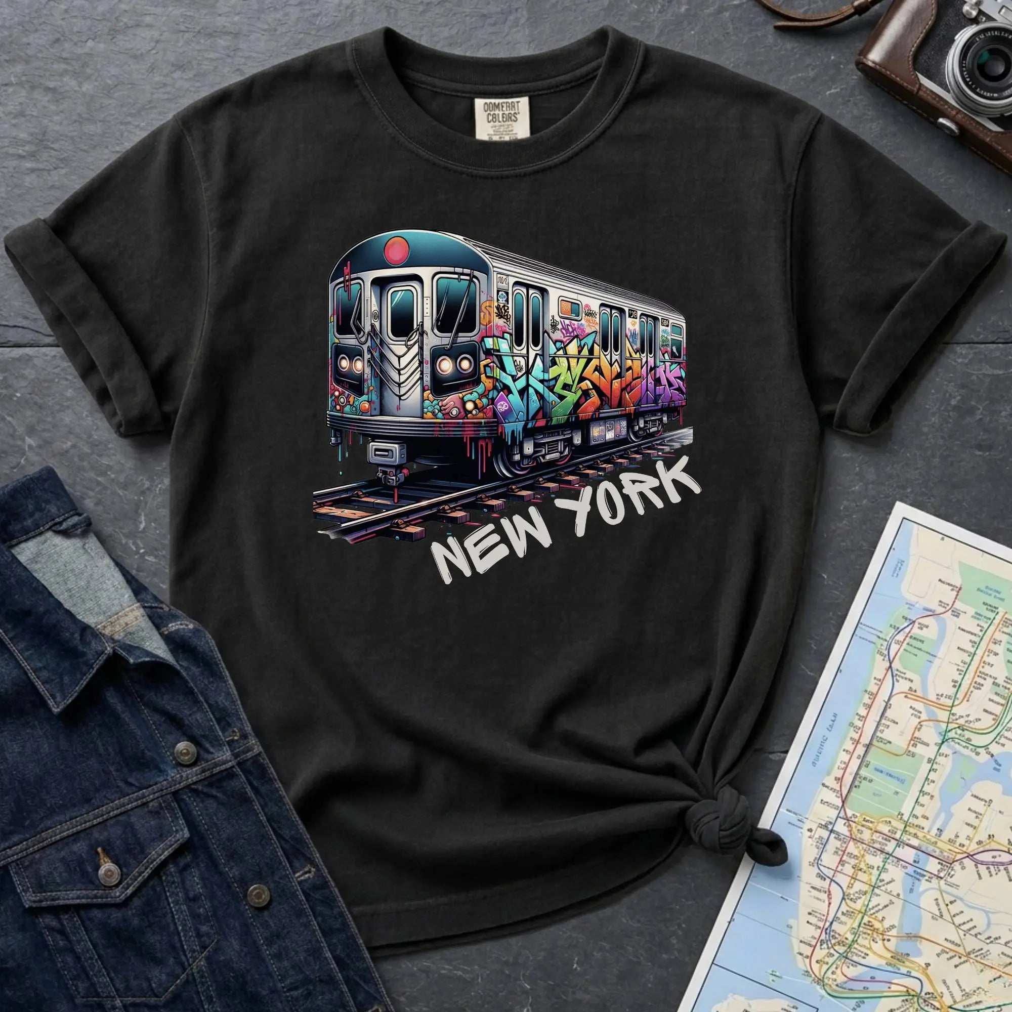 Black t-shirt with a colorful train graphic and 'New York' text on a gray surface with a map and denim jacket.