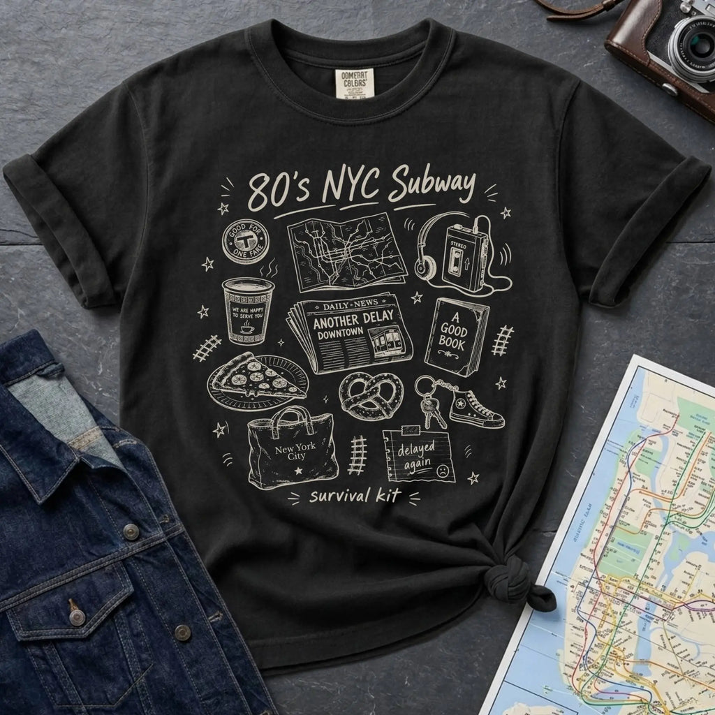 Black t-shirt with '80s NYC Subway Survival Kit' graphic design on a dark surface with a map and denim jacket.