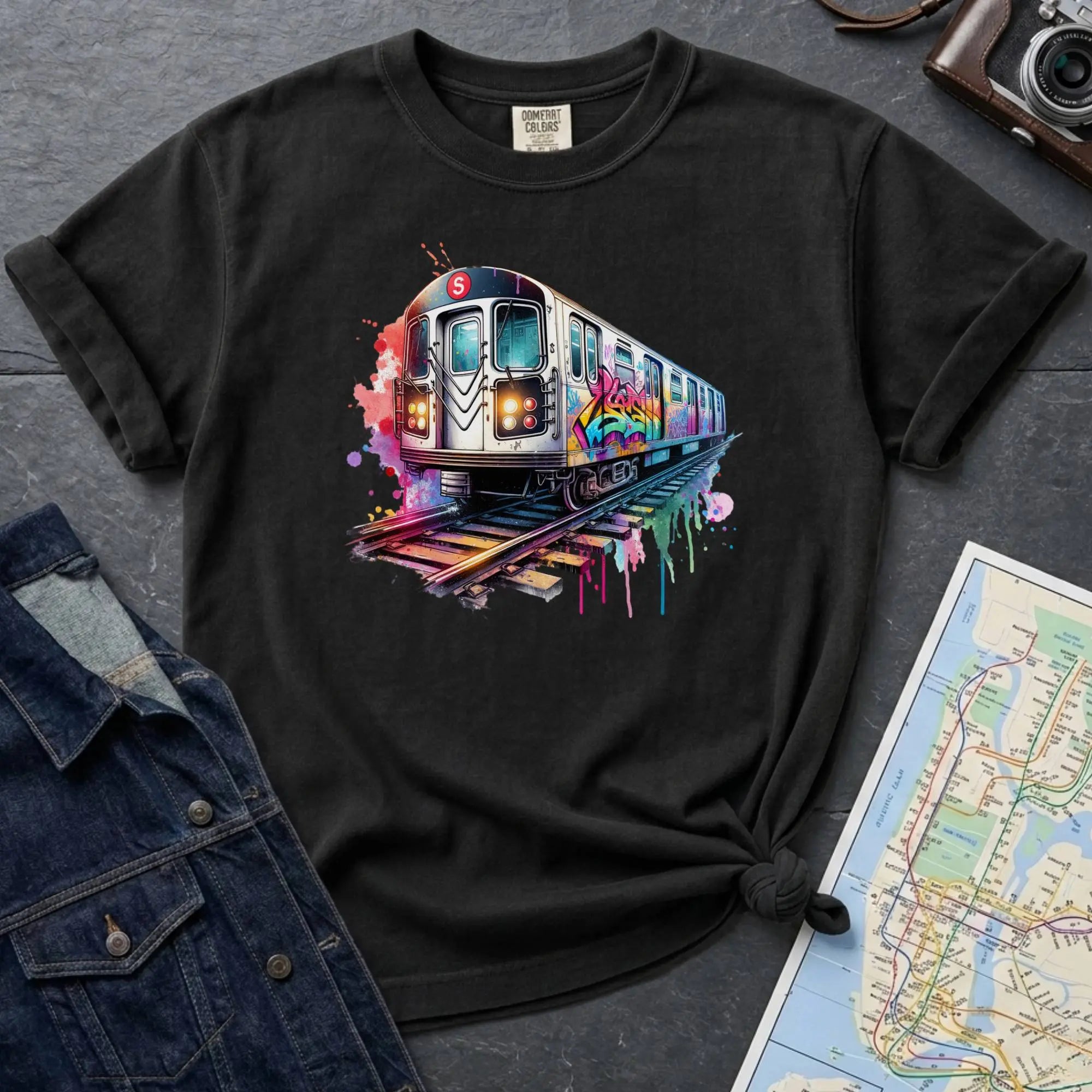 Black Comfort Colors t-shirt featuring a colorful NYC subway train graphic with graffiti-style paint details and bright street art accents.