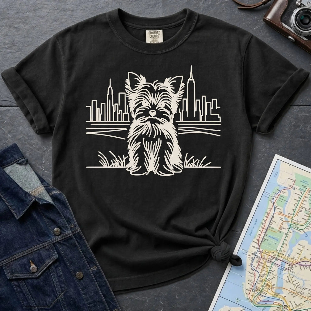 Black Comfort Colors t-shirt featuring a minimalist Yorkshire Terrier (Yorkie) illustration in front of the New York City skyline.