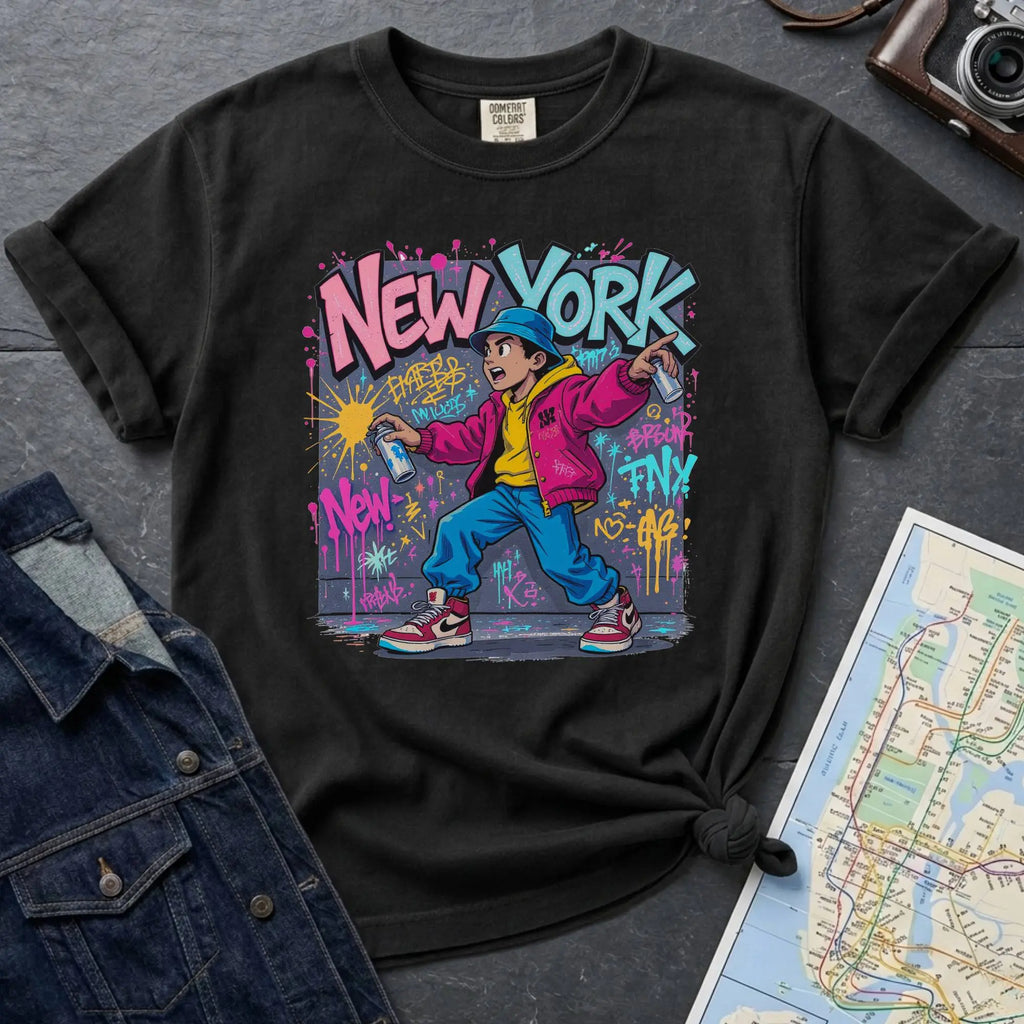 Black Comfort Colors t-shirt featuring a colorful NYC graffiti-style New York graphic with a young street artist holding a spray paint can
