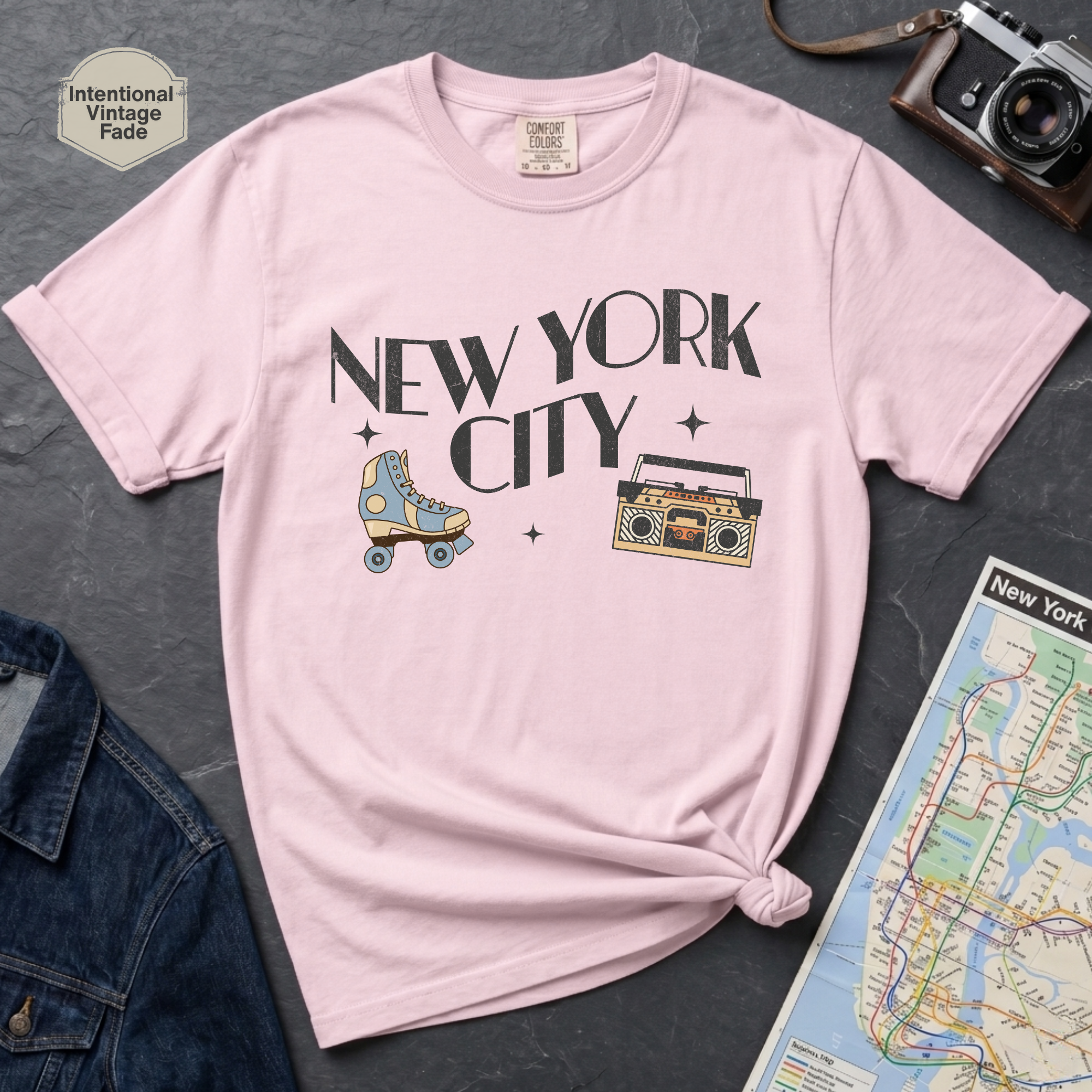 Retro Old School NYC Roller Skates and Boombox T-Shirt Vintage Style T-Shirt