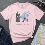 Pink Comfort Colors t-shirt featuring a vintage NYC fire hydrant spraying water with “Summer Days • NYC • 1981” text.