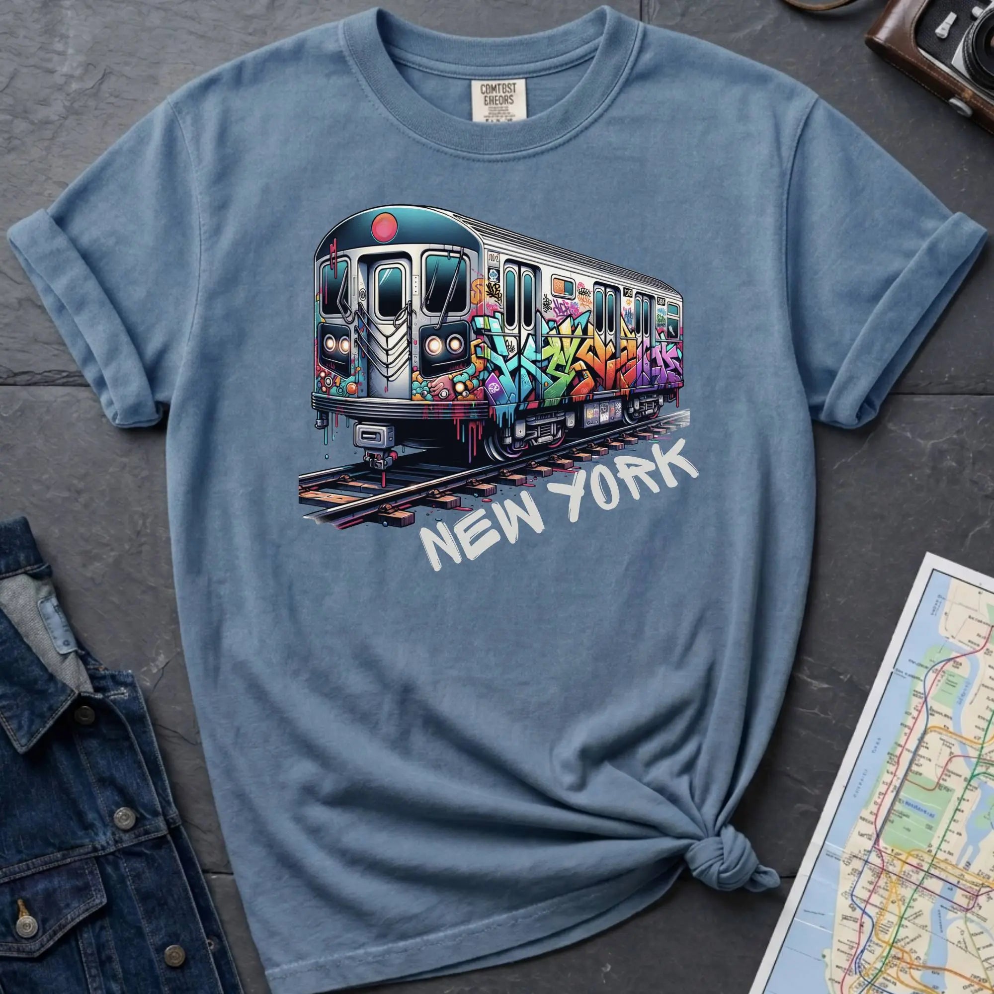 Blue t-shirt with a colorful train graphic and 'New York' text on a gray surface with a map and denim jacket.
