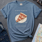 Blue Comfort Colors t-shirt featuring a vintage New York City dollar slice pizza graphic with specimen-style callouts and a folded slice on a paper plate.