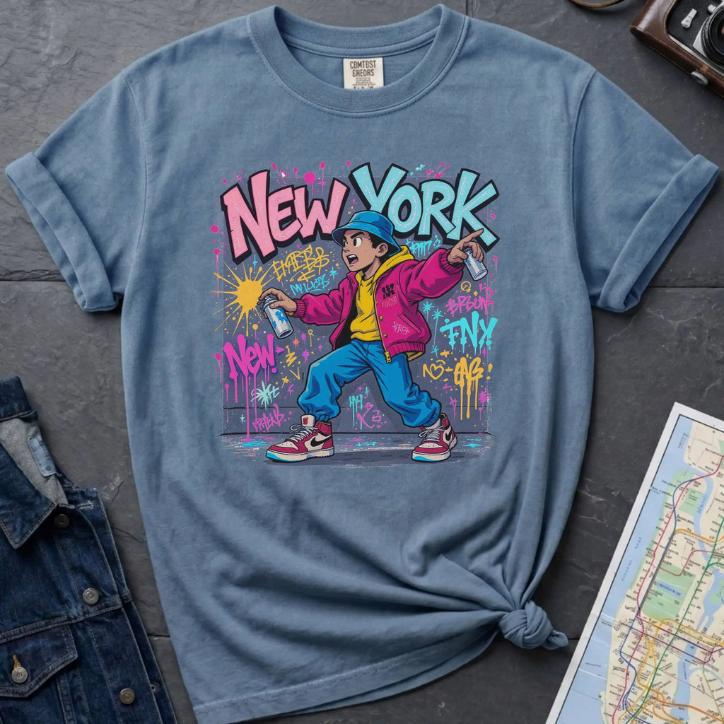 Blue Comfort Colors t-shirt featuring a colorful NYC graffiti-style New York graphic with a young street artist holding a spray paint can