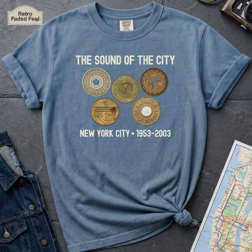 Blue Comfort Colors t-shirt featuring vintage New York City subway tokens with “The Sound of the City” and “New York City • 1953–2003” text.