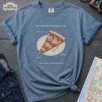 Blue Comfort Colors t-shirt featuring a vintage New York City dollar slice pizza graphic with specimen-style callouts and a folded slice on a paper plate.