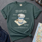 Blue Spruce t-shirt with New York City coffee cup graphic on a textured surface with map and camera.