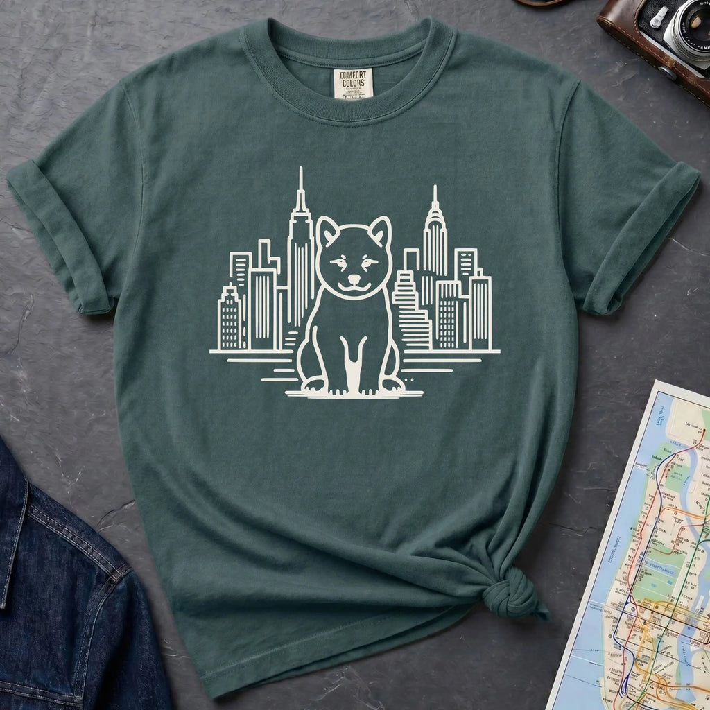 Blue Spruce Comfort Colors t-shirt featuring a minimalist Shiba Inu graphic in front of the New York City skyline.