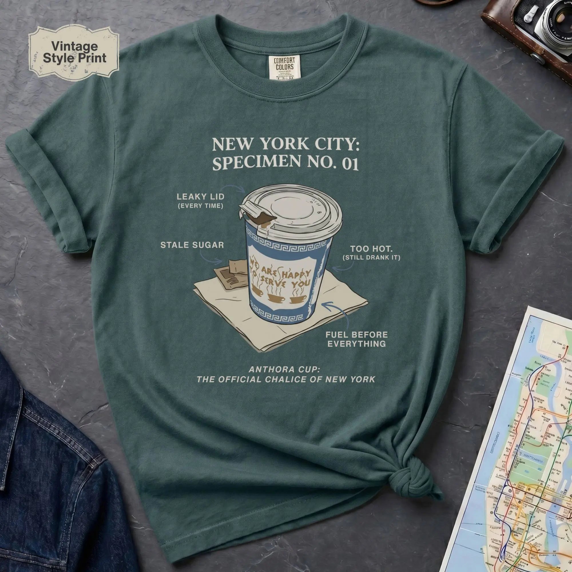 Blue Spruce t-shirt with New York City coffee cup graphic on a textured surface with map and camera.