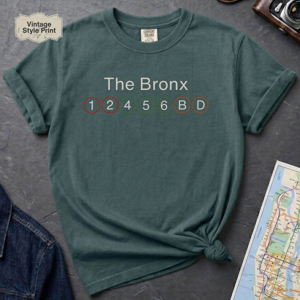 Blue Spruce t-shirt with 'The Bronx' and subway line numbers on a dark surface with a map and camera.
