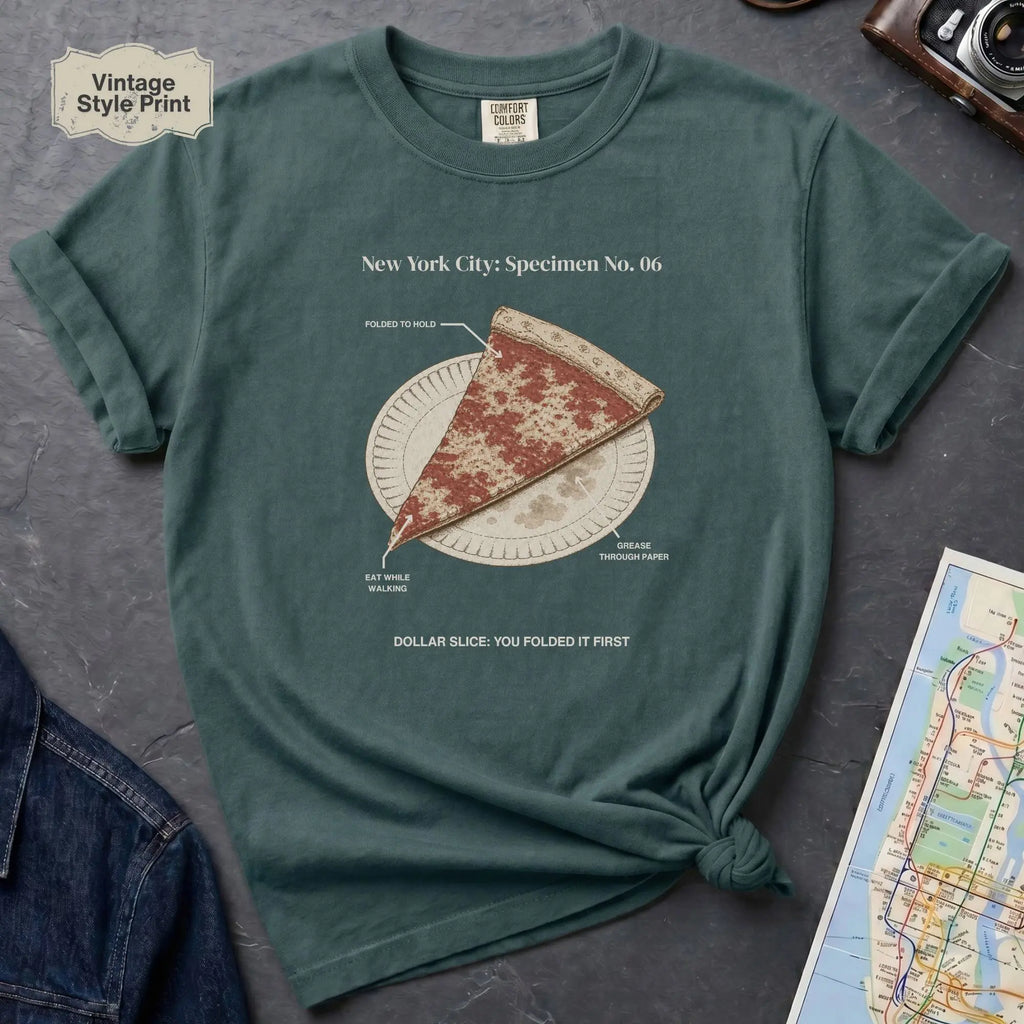 Blue Spruce Comfort Colors t-shirt featuring a vintage New York City dollar slice pizza graphic with specimen-style callouts and a folded slice on a paper plate.
