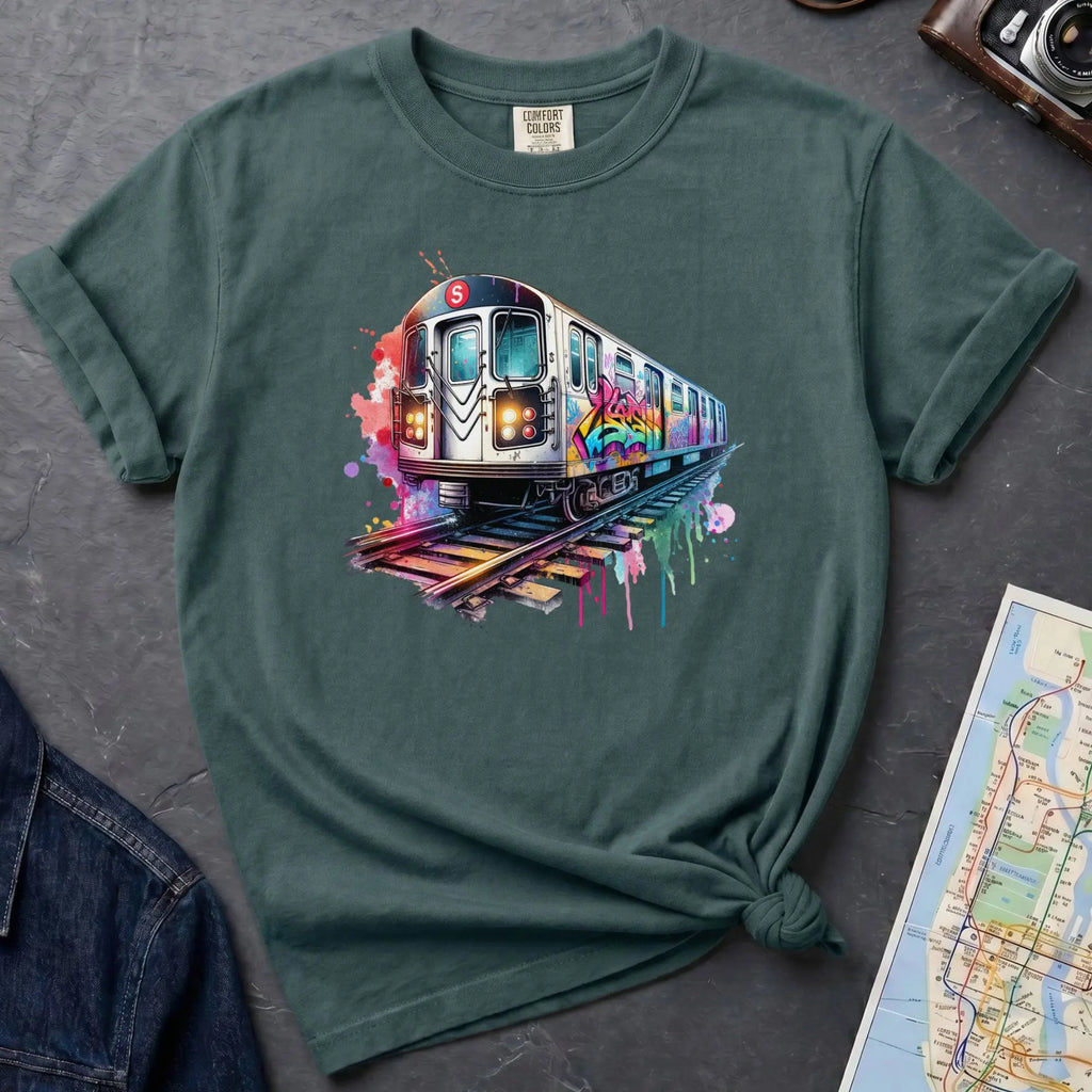 Blue Spruce Comfort Colors t-shirt featuring a colorful NYC subway train graphic with graffiti-style paint details and bright street art accents.