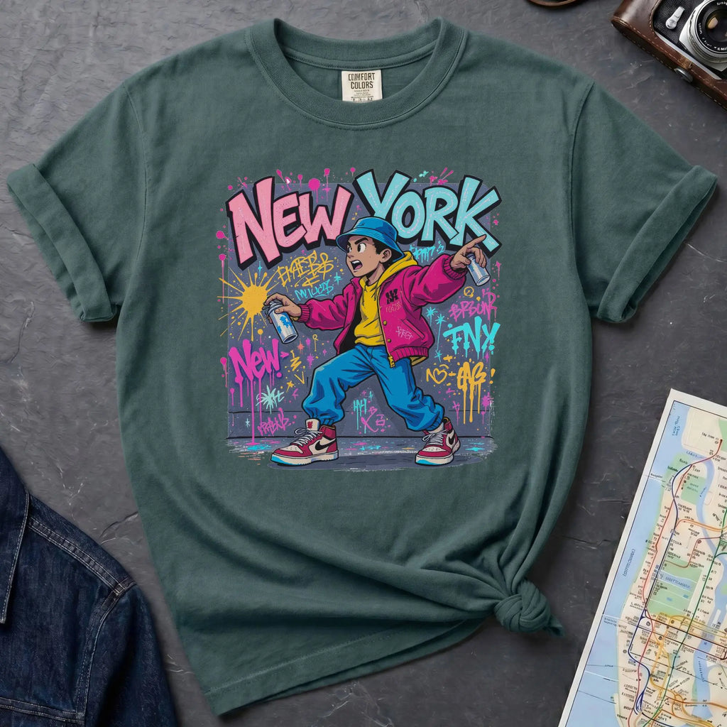 Blue Spruce Comfort Colors t-shirt featuring a colorful NYC graffiti-style New York graphic with a young street artist holding a spray paint can