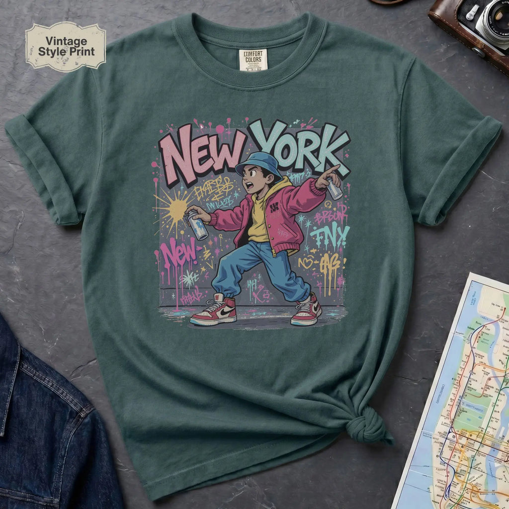 Blue Spruce Comfort Colors t-shirt featuring a colorful NYC graffiti-style New York graphic with a young street artist holding a spray paint can