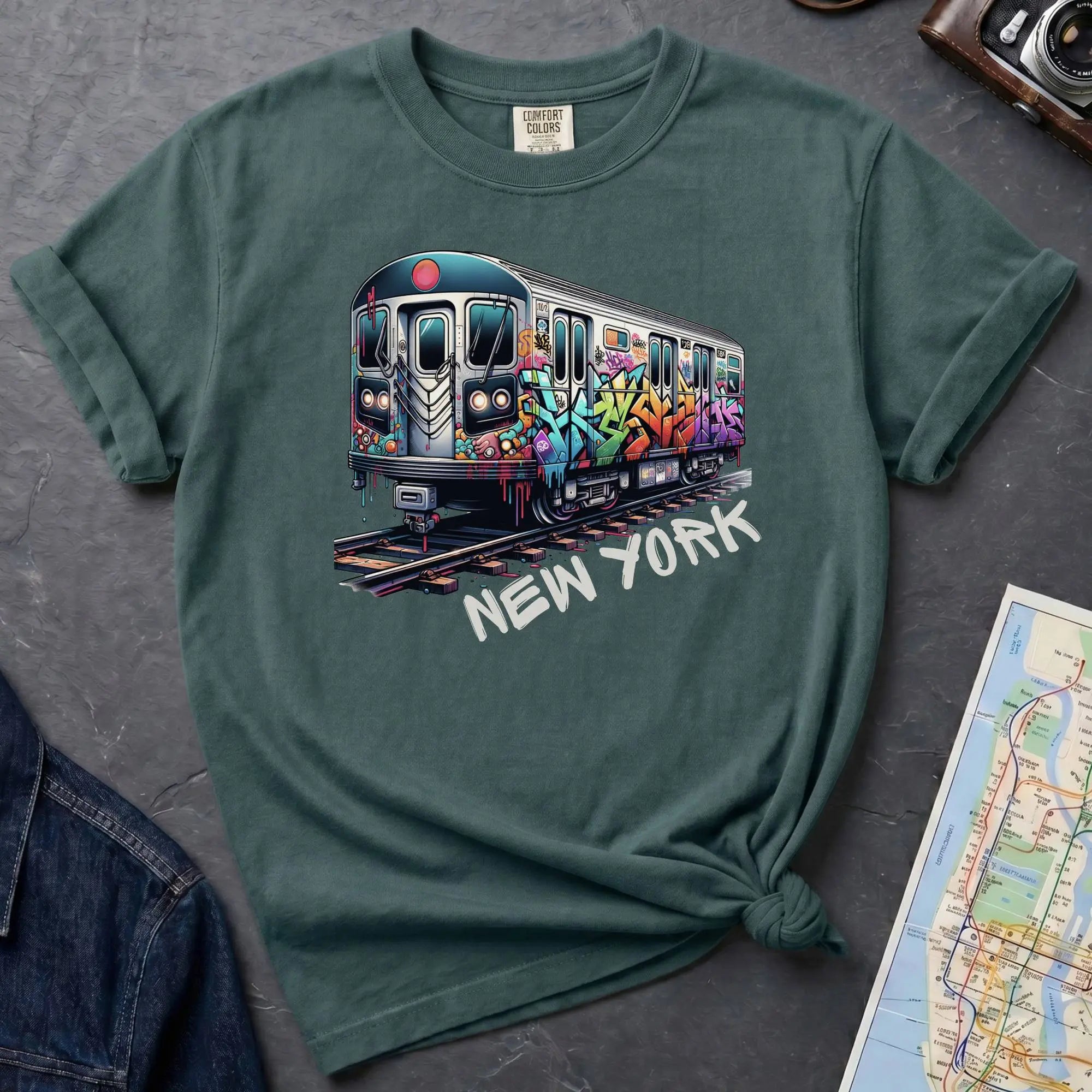 Blue spruce t-shirt with a colorful train graphic and 'New York' text on a gray surface with a map and denim jacket.