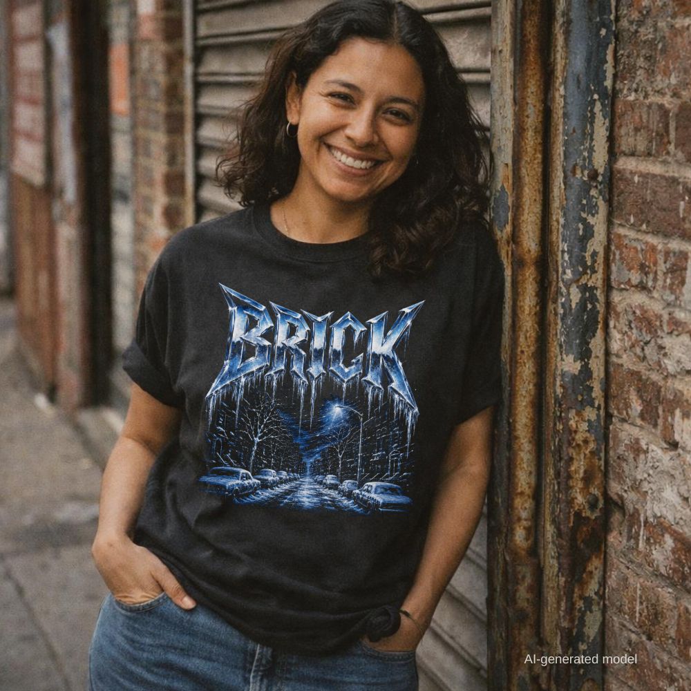 A woman wearing a blackComfort Colors graphic T-shirt laid flat on a dark gray surface, styled with a denim jacket, camera, and map nearby. The shirt features a large icy blue 'BRICK' logo above a blue-toned nighttime street scene with trees and cars, while leaning on a brick wall