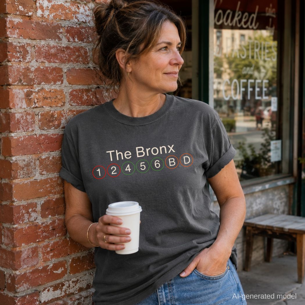 Woman wearing a Pepper colored Comfort Colors t-shirt with 'The Bronx' and subway line text, holding a coffee cup, standing against a brick wall.
