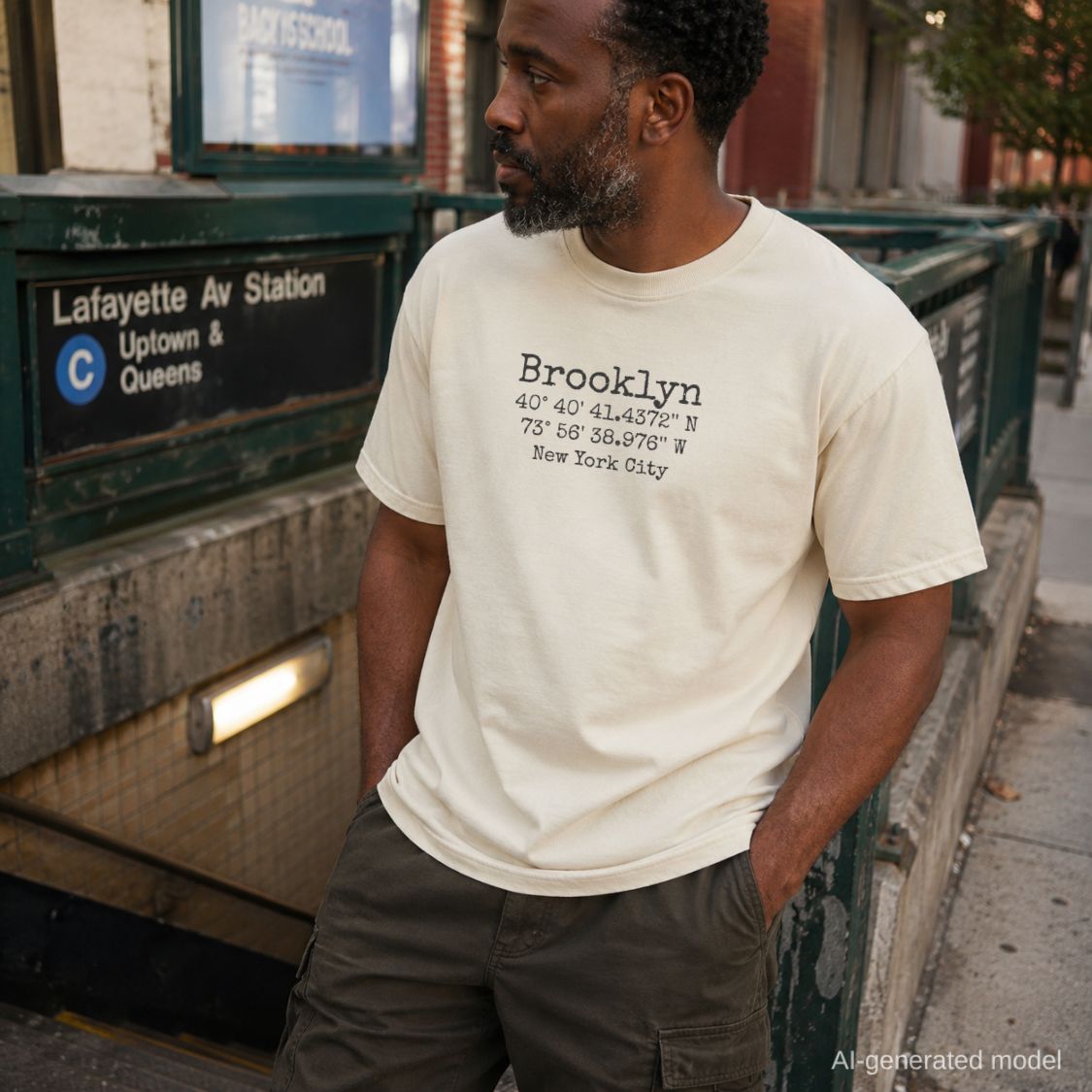 Man wearing a 'Brooklyn' t-shirt with coordinates and 'New York City' standing next to a subway station sign.