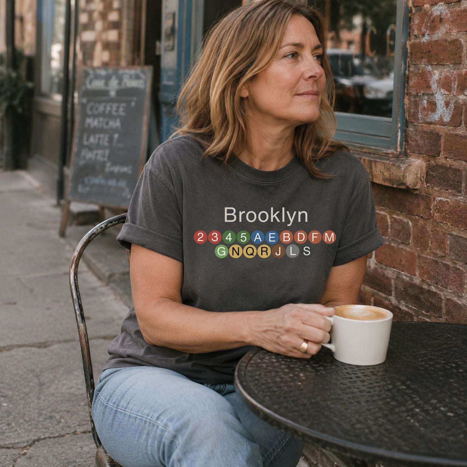 Woman sitting at an outdoor cafe holding a cup, wearing a Pepper-colored t-shirt with 'Brooklyn' and subway line numbers