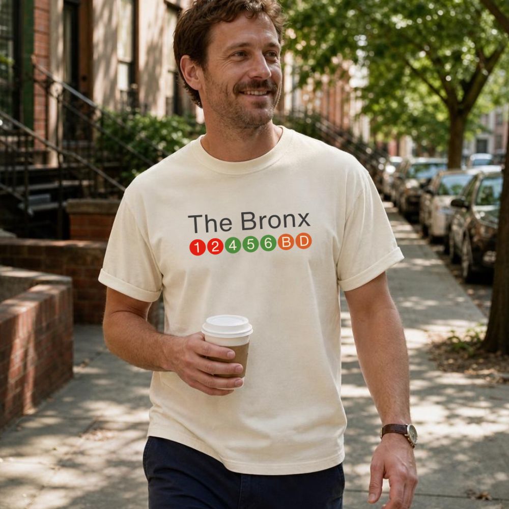 Man wearing an Ivory Comfort Colors t-shirt with 'The Bronx' text and subway line design walking on a sidewalk.