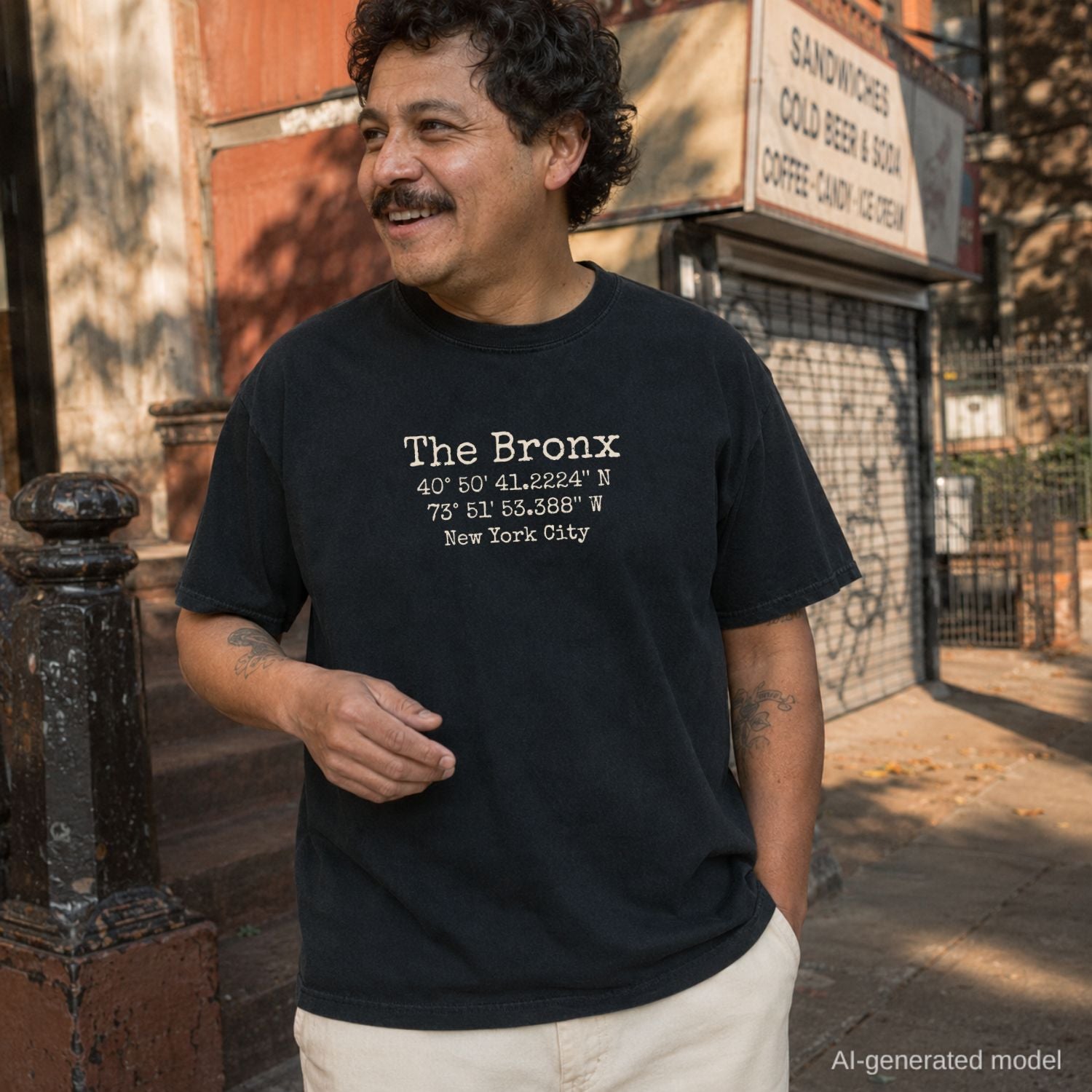 Man wearing a black Comfort Colors t-shirt with 'The Bronx' coordinates text, standing on a street.
