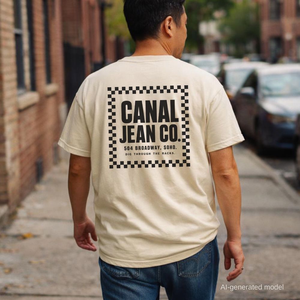 Man wearing an Ivory Comfort Colors T-shirt with black Canal Jean Co. NYC back print while walking down a city street. 