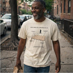 A man walking on a city sidewalk wearing an ivory Comfort Colors T-shirt with NYC breakdance cardboard specimen front print.
