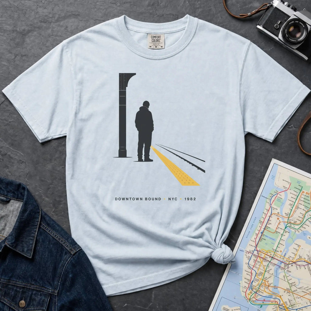 Light blue t-shirt with a graphic design of a person on a train platform, placed on a dark surface with a map and denim jacket.