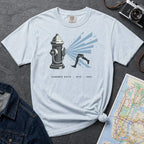 Light blue Comfort Colors t-shirt featuring a vintage NYC fire hydrant spraying water with “Summer Days • NYC • 1981” text.