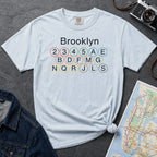 Light blue t-shirt with 'Brooklyn' and subway line numbers printed on it, placed on a dark surface with a map and denim jacket.
