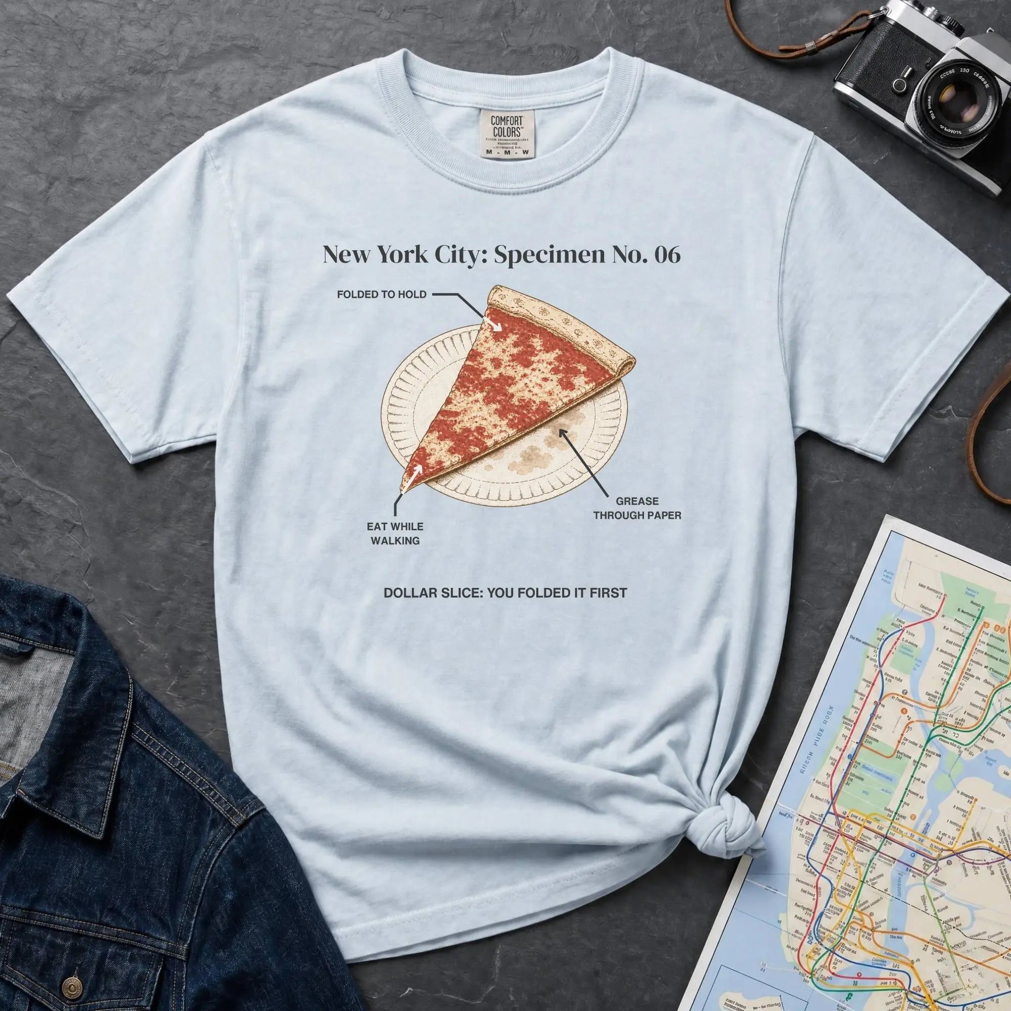 Light blue Comfort Colors t-shirt featuring a vintage New York City dollar slice pizza graphic with specimen-style callouts and a folded slice on a paper plate.