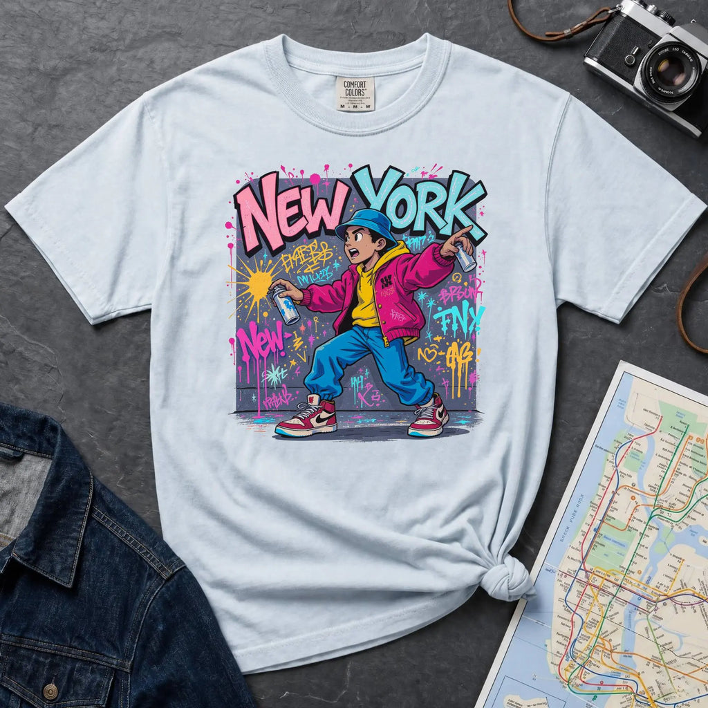 Light blue Comfort Colors t-shirt featuring a colorful NYC graffiti-style New York graphic with a young street artist holding a spray paint can