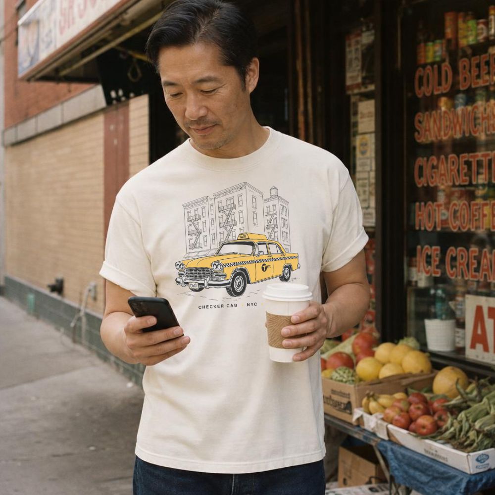 Man wearing an Ivory Comfort Colors t-shirt featuring a vintage New York City Checker Cab graphic with NYC apartment buildings and “Checker Cab • NYC • 1988” text., holding a phone and a coffee cup, standing on a street.
