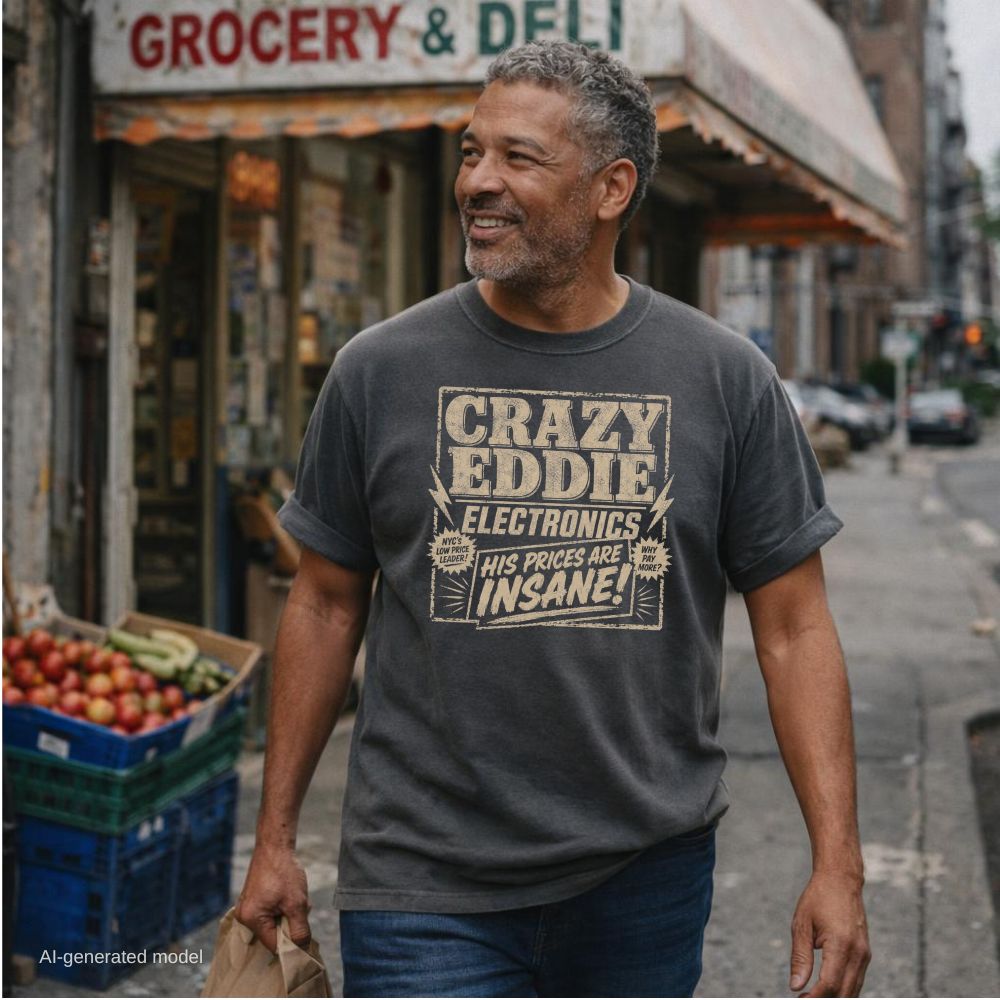 A man walking on a city street wearing a pepper colored Comfort Colors graphic t-shirt with a distressed cream print that reads 'CRAZY EDDIE ELECTRONICS HIS PRICES ARE INSANE!'. The background shows a grocery store and street scene.