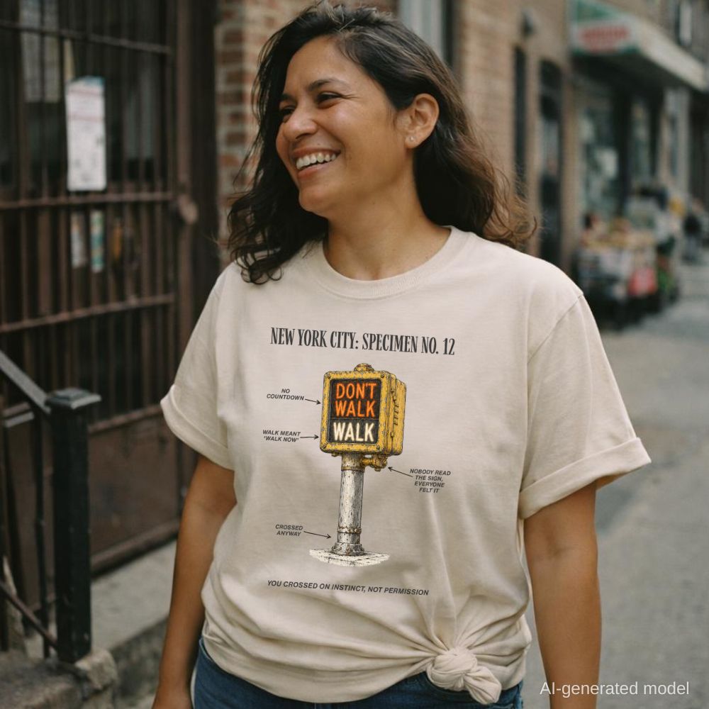 Woman wearing a Ivory Comfort Colors t-shirt with a graphic design of a vintage intersection crossing sign and text on a city street.