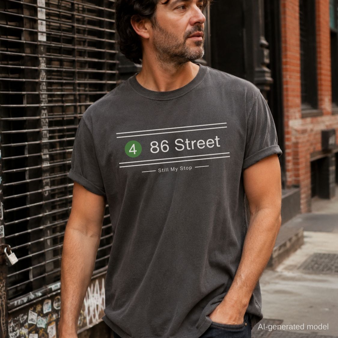 Man wearing a Dark gray t-shirt with '86 Street' printed on it, standing on a city street.