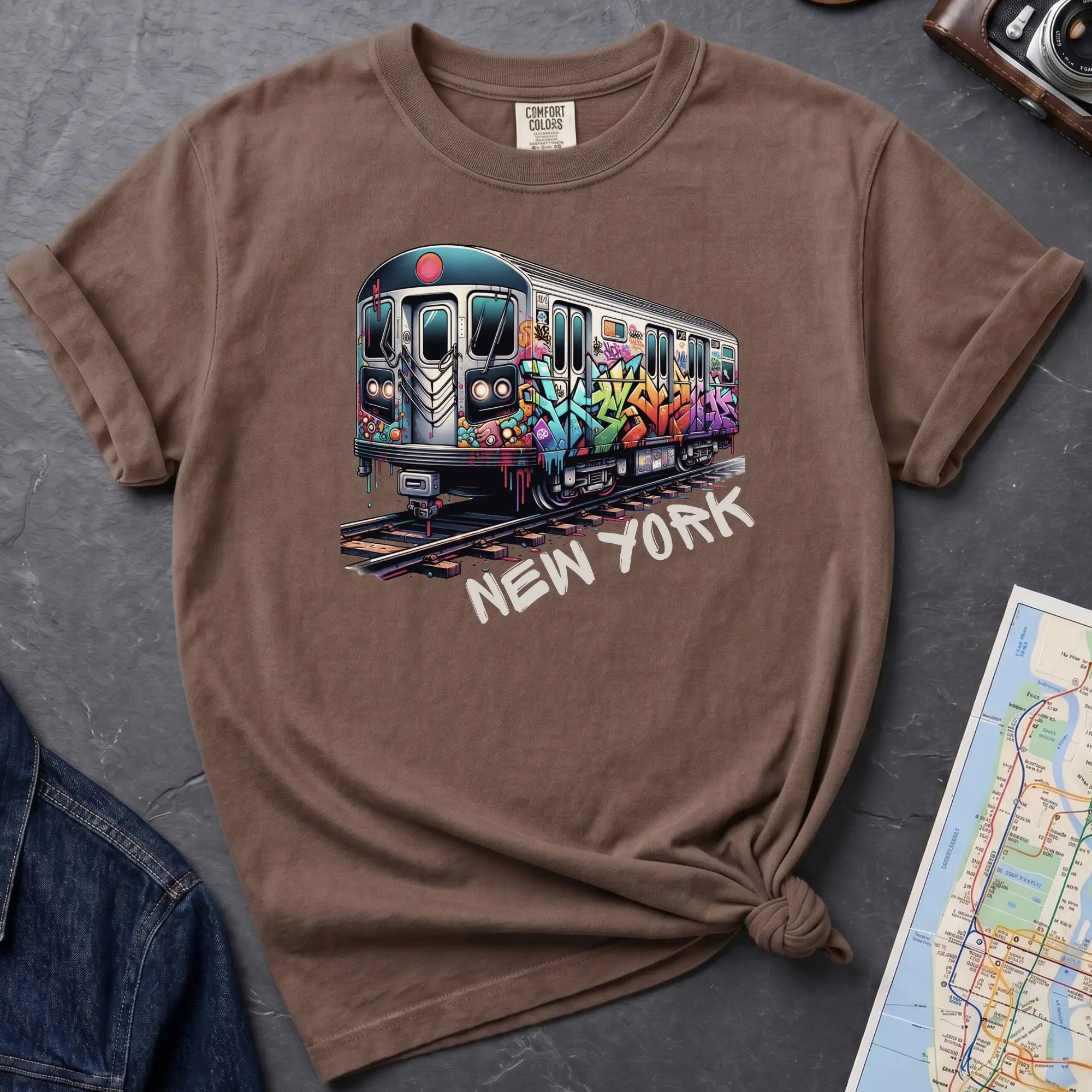 Brown t-shirt with a colorful train graphic and 'New York' text on a gray surface with a map and denim jacket.